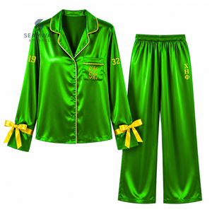 Chi Eta Phi Women's Satin Pajama Set Long Sleeve Button-Up Embroidered Two Piece Sleepwear <b>Green</b> With Yellow Trim Lounge Set - Product Image 1
