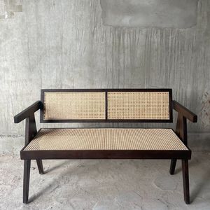 Sofá Banco Moderno de Madera Maciza y Ratán con Asiento y Respaldo de Mimbre Tejido a Mano para Sala de Estar - Product Image 1
