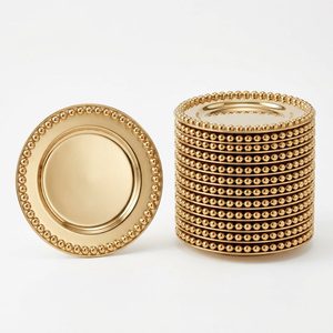 Assiette de service 18 cm en acier inoxydable SS304, faite à la main, avec bordure perlée Kesari et finition PVD Or Champagne, pour la décoration de la maison et des hôtels - Product Image 1