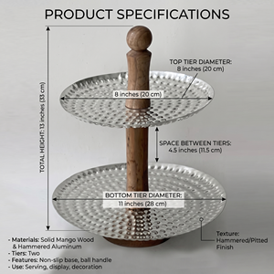 2-Tier Hammered Design Iron Or Steel & Mango Wood Serving <b>Cake</b> Stand. Elegant Display Tray Stand For Cupcakes, Fruits & Desserts - Product Image 2