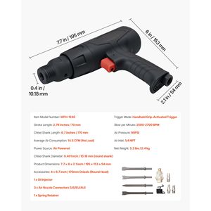 Martello Pneumatico Compatto con Impugnatura a Pistola, 2500-2700 BPM, Corsa da 2,76 Pollici, con 4 Scalpelli a Canna Lunga 6,7 Pollici, Trapano a Percussione Pneumatico - Product Image 6