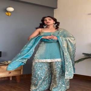 Conjunto de Kurta y Palazzo de Seda VASTRA COTTAGE con Lentejuelas y Bordado, Cintura Elástica, Dupatta Bordada, Ropa Étnica Festiva - Product Image 4