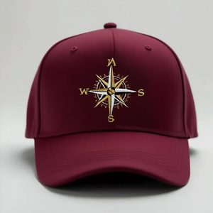 Casquette de baseball bordeaux avec motif boussole brodé, casquette ajustée à 6 panneaux, unisexe, pour usage décontracté, pour adultes - Product Image 1