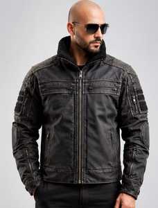 TACTICAL <b>LEATHER</b> <b>JACKET</b> FOR <b>MEN</b> WITH STAND COLLAR - Product Image 1