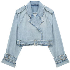 Women's <b>Cropped</b> <b>Denim</b> <b>Jacket</b> Long Sleeve Belted Crop Top Stone washed Cotton Casual Autumn Style <b>Jacket</b> For Women's - Product Image 2
