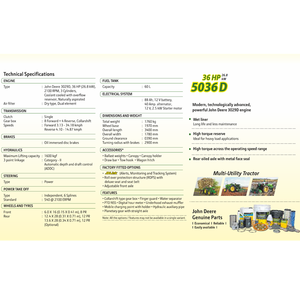 JD 5036D 36HP, 2100 tr/min, 2 roues motrices, nouveau modèle d'équipement agricole avec réservoir de carburant (60L) et moteur 36 HP (26,8 kW) - Product Image 3