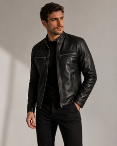Veste d'hiver matelassée en cuir véritable de mouton pour homme, coupe-vent, à capuche, fermeture éclair frontale, col montant, doublure en coton, design optimal - Product Image 1
