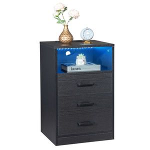 FCH 40*35*65cm <b>Black</b> <b>Bedside</b> <b>Table</b> Nightstand Particleboard Pasted Triamine with Three Drawers and LED Light Socket - Product Image 5