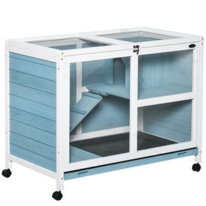 Ruote per vassoi da interno a 2 piani per conigli da interno luce blu rampa porte chiudibili a chiave per piccoli animali Cavie in legno mobili da coniglietto - Product Image 1