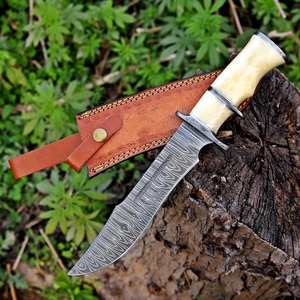 Couteau de chasse Bowie à pointe tombante en acier Damas fait main, avec lame droite, manche en os et étui en cuir, personnalisable ODM/OEM - Product Image 4