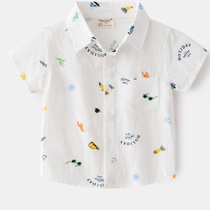 เสื้อเชิ้ตผ้าฝ้ายพิมพ์ลายแขนสั้นสีฟ้าอ่อนสำหรับเด็กผู้ชาย ปกคอพับแบบลำลองพร้อมกระเป๋าเสื้อระบายอากาศสำหรับฤดูร้อน - Product Image 3