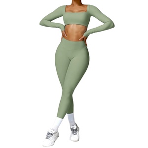 Nuevo conjunto de Yoga 2 uds mujeres gimnasio manga larga ropa deportiva sin costuras ropa de entrenamiento - Product Image 3
