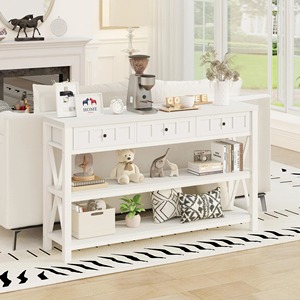 Table de canapé moderne en fer avec étagères ouvertes et tiroirs, meuble durable pour salon et entrée, blanc - Product Image 2