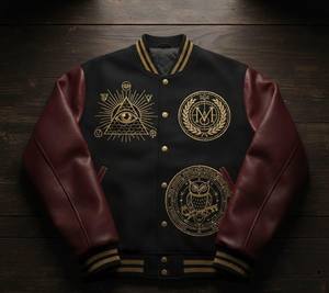Chaqueta Universitaria Unisex Negra y Granate con Símbolos Místicos Bordados en Dorado, Cuello Alto |   Ropa de calle informal a prueba de viento - Product Image 4