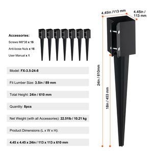Set di 8 Picchetti di Ancoraggio per Recinzioni in Metallo Verniciato a Polvere Nera, 24 x 4 x 4 Pollici, Diametro Esterno 3,5 x 3,5 Pollici, Diametro Interno - Product Image 6