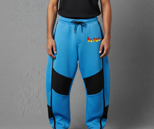Pantalon de survêtement vintage bleu en lin/coton pour homme avec empiècements noirs, logo flamme imprimé, taille élastique et cordon de serrage, imperméable, décontracté, pour l'automne - Product Image 4