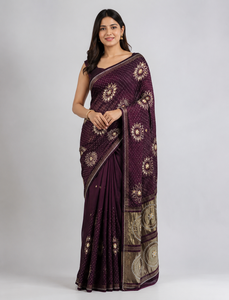 Sari indien en gros pour mariage, en Georgette couleur vin, brodé, tenue traditionnelle pour femme, robe de mariée de créateur avec chemisier - Product Image 1