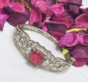 <b>Silver</b> Plated <b>Cuff</b> <b>Bracelet</b> With Jade Stone And Diamond Accents Women's Classic Jewelry Gift - Product Image 3