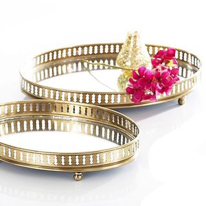 Plateau de vanité rond doré avec miroir, plateau de rangement décoratif, plateau de service, organisateur de bijoux à cadre métallique pour coiffeuse, décoration de mariage - Product Image 2
