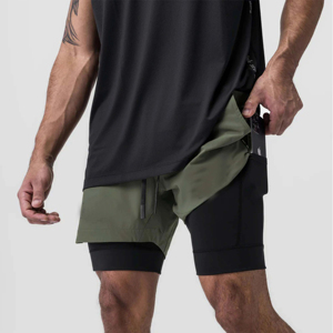 <b>Men's</b> Solid Olive Green Drawstring <b>Shorts</b> Mid Waist Quick Dry Casual Style with Inner Briefs Outdoor Running and <b>Cycling</b> - Product Image 6