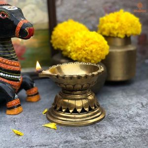 Antique Style Brass <b>Oil</b> <b>Lamp</b> Pair with Detailed Back Design, Multi Diya Stand for Puja Room, Temple Decor and Festival Use - Product Image 2