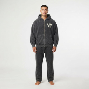 Conjunto Casual de Sudadera con Capucha y Pantalones Deportivos para Hombre, de Alta Calidad, con Lavado Ácido al Carbón, Cierre Completo, Hombros Caídos y Estilo Oversize - Product Image 1