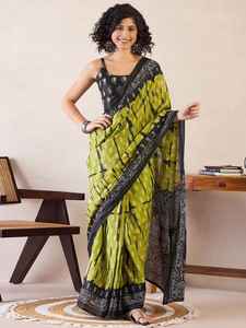 Sari en soie vert et noir imprimé à la main avec bordure contrastante, tenue ethnique indienne traditionnelle pour femme, usage quotidien décontracté - Product Image 6