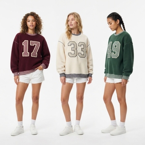 Sweat-shirt oversize crème pour femme avec appliqué numéro 35 à carreaux, col rond, manches longues, tenue décontractée d'automne - Product Image 6