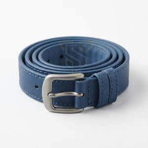 Formal Men's Navy Blue Cow Hide Leather <b>Belt</b> With <b>Silver</b> Rectangular Pin <b>Buckle</b> Solid Design - Product Image 2