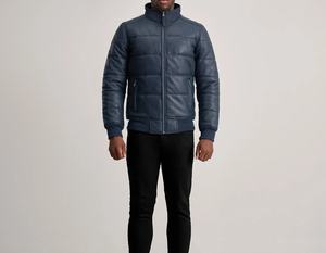Chaqueta de Invierno para Hombre, de Cuero PU, Acolchada, con Cuello Alto, Cierre de Cremallera, Resistente al Viento, Corte Ajustado, Color Sólido, Relleno Grueso - Product Image 1
