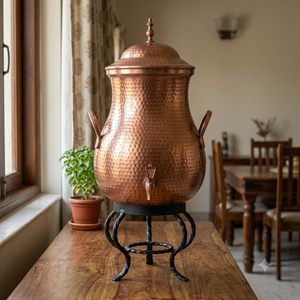 Distributeur de boissons en cuivre martelé artisanal avec couvercle, robinet et support en fer pour la maison, l'hôtel, le restaurant, la restauration, la vente en gros, en vrac, B2B - Product Image 2