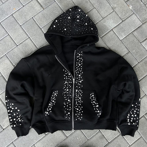 Ensemble de survêtement pour homme en molleton de coton avec strass, comprenant un sweat à capuche et un short, couleur unie, respirant, coupe ample, tenue chaude pour l'hiver - Product Image 2