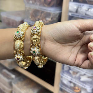 Jewelemarket <b>Gold</b> Plated Pota Stone and Meenakari Openable <b>Bangles</b> <b>Set</b> Green & Pink Fashion Jewelry for Women - Product Image 1