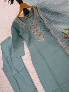 Kurti de algodón azul claro para mujer, pantalón hasta el tobillo, atuendo étnico tradicional estilo India Pakistán, ropa casual, corte regular - Product Image 6