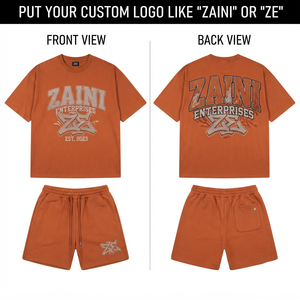 Conjunto de camiseta y pantalones cortos de algodón francés de primera calidad, 320 GSM, color naranja quemado, con logotipo bordado en chenilla personalizado, impresión en relieve, OEM, ODM - Product Image 1