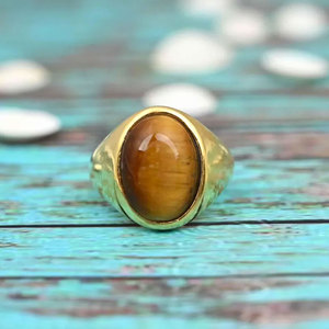 Anillo de Ojo de Tigre Hecho a Mano, Chapado en Oro, con Cabujón Ovalado de Latón, Anillo Decorativo, Joyería Boho Hecha a Mano para Mujer - Product Image 4