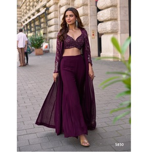 Luxury Designer Real Georgette Western Wear 3 Piece <b>Top</b> <b>Shrug</b> Palazzo Set with Heavy Embroidery Work for Women Western Party Use - Product Image 1