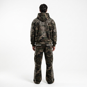 Mens <b>Camouflage</b> <b>Cargo</b> Tracksuit Zip Up Hoodie Rhinestone Embroidery Wide Leg Pants Custom Streetwear Sportswear Set - Product Image 3