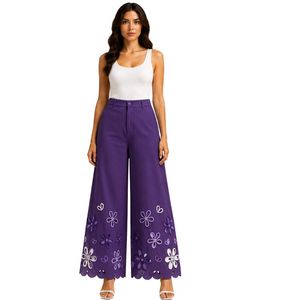 Pantalones Palazzo de Algodón Bordados de Pierna Ancha Morados Personalizados para Mujer con Estampado Floral Blanco y Cintura Alta - Ropa Premium Personalizada - Product Image 1