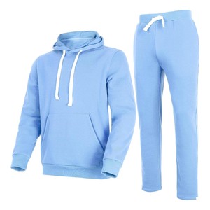 2026 Unisex Light <b>Blue</b> Hooded Tracksuit Full Sleeve Solid Color Casual Joggers Set Autumn Breathable Cotton <b>Material</b> Regular Fit - Product Image 1