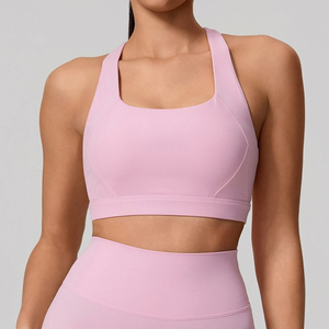 Soutien-gorge de sport pour femme, couleur unie, col carré, dos nu, maintien élevé, respirant, séchage rapide, sans coutures, avec logo frontal - Product Image 4