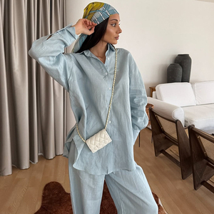 Women's Summer <b>Linen</b> Cotton Solid Color Loose Fit Button Up Shirt Wide Leg Pants Casual Two Piece Suit <b>Set</b> - Product Image 2