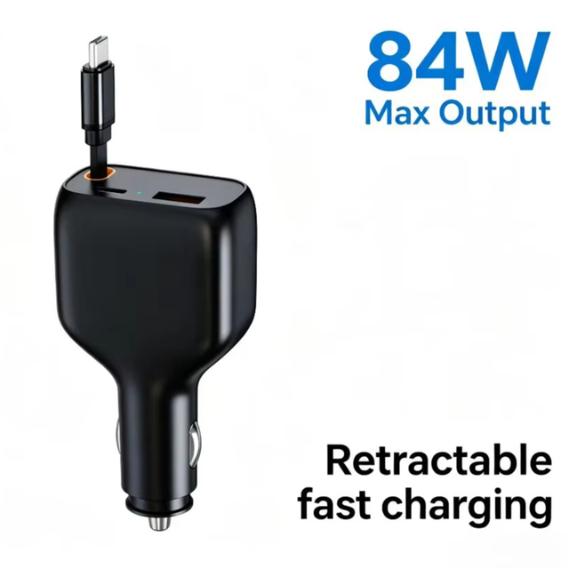 SUNDA Customize Factory 84W 85cm Retractable Cable USB QC3.0 PD30W Type-C Phone Car Charger Fast Charging for Smart Phone