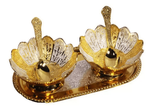 Flower Shape Gold Silver <b>Bowl</b> Set with Tray and Spoons Decorative <b>Metal</b> Serving <b>Bowls</b> Luxury Dry Fruits Sweets Snacks Home Dini - Product Image 2