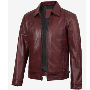 Chaquetas de Cuero Genuino Borgoña para Hombre, Modelo OEM 2026, Cuello Camisero, Cierre de Cremallera, Corte Regular, Uso Casual, Impermeables - Product Image 2