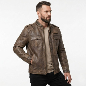 Blouson moto en cuir véritable marron pour homme avec épaulettes, col montant et fermeture éclair, style automne - Product Image 3