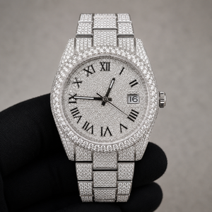 Montre Classique Citizen Entièrement Sertie de Diamants Moissanite VVS, Cadran Pavé Chiffres Romains, Date, Acier Inoxydable, Luxe Hip Hop pour Femme, Argent - Product Image 4