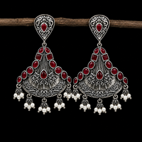 Boucles d'oreilles classiques en laiton, motif floral, argent oxydé, pierre rouge, vente en gros |   Boucles d'oreilles pendantes de qualité supérieure |   Usine directe