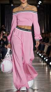 Women <b>Pink</b> <b>Off</b> <b>Shoulder</b> Two Piece Set Long Sleeve Crop <b>Top</b> Wide Leg Pants Sporty Tracksuit - Product Image 5