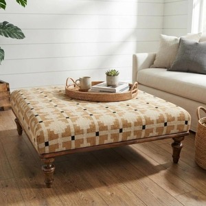 Square Fabric <b>Pouf</b> With Abstract Geometric Pattern Wooden Legs Modern Farmhouse Living Room Decor - Product Image 1
